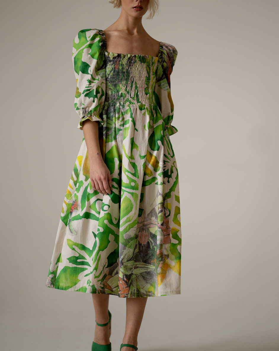 Shirred Palm Print Dress