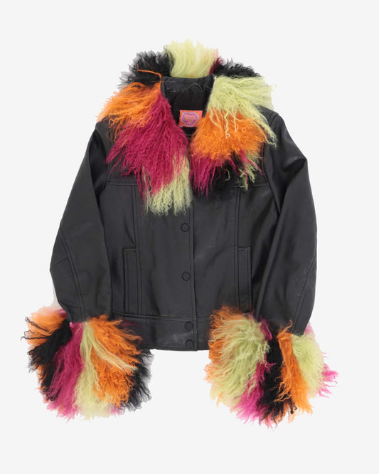 Leather jacket with multi colour fluff